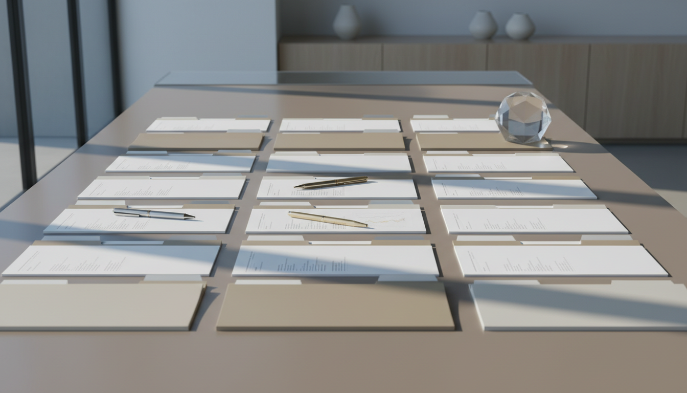 A structured, grid-like arrangement of crisp white paper documents and glossy, neutral-toned file folders, precisely aligned on a smooth taupe desktop. Elegant metallic pens and a contemporary glass paperweight add understated sophistication. The setting is a modern, sunlit office interior with clear, uncluttered surfaces and hints of light wood in the background. Cool, soft afternoon sunlight streams in from the side, producing subtle shadows that enhance the crisp lines and organization of the scene. Captured at eye-level with straight-on framing, this photographic image exudes professionalism, transparency, and dependability, reflecting the corporate integrity of a Beverly Hills bookkeeping and accounting firm.