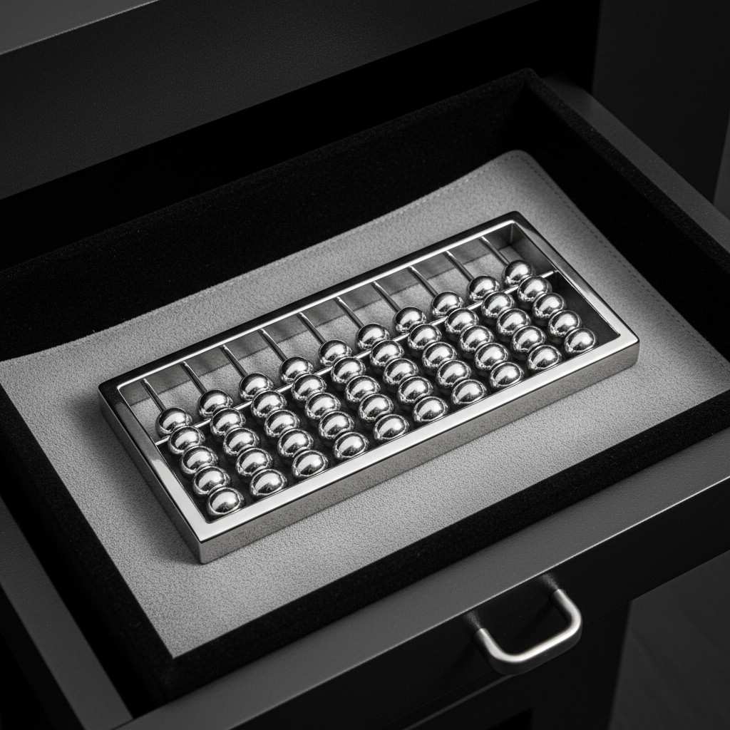 A pristine, silver-plated abacus with glossy metallic beads and perfectly linear rods, resting diagonally on a soft grey suede pad. The abacus is positioned inside a modern, minimalist safe deposit drawer with structured black velvet lining, hinting at the precision of forensic auditing. Subtle overhead studio lighting creates crisp reflections along the beads and casts gentle geometric shadows, emphasizing texture and depth without clutter. Captured from a slightly high angle with sharp focus, the composition is symmetrical, orderly, and imbued with a sense of reliability and meticulous expertise, ideal for communicating the highest standards of financial analysis and consulting.