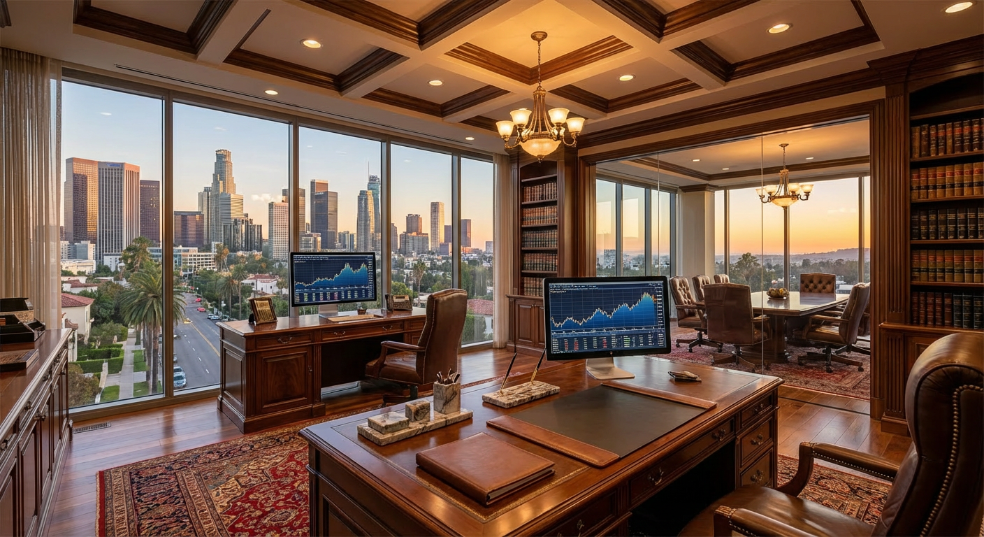 Sunset over a residential street lined with tall palm trees and luxury cars.