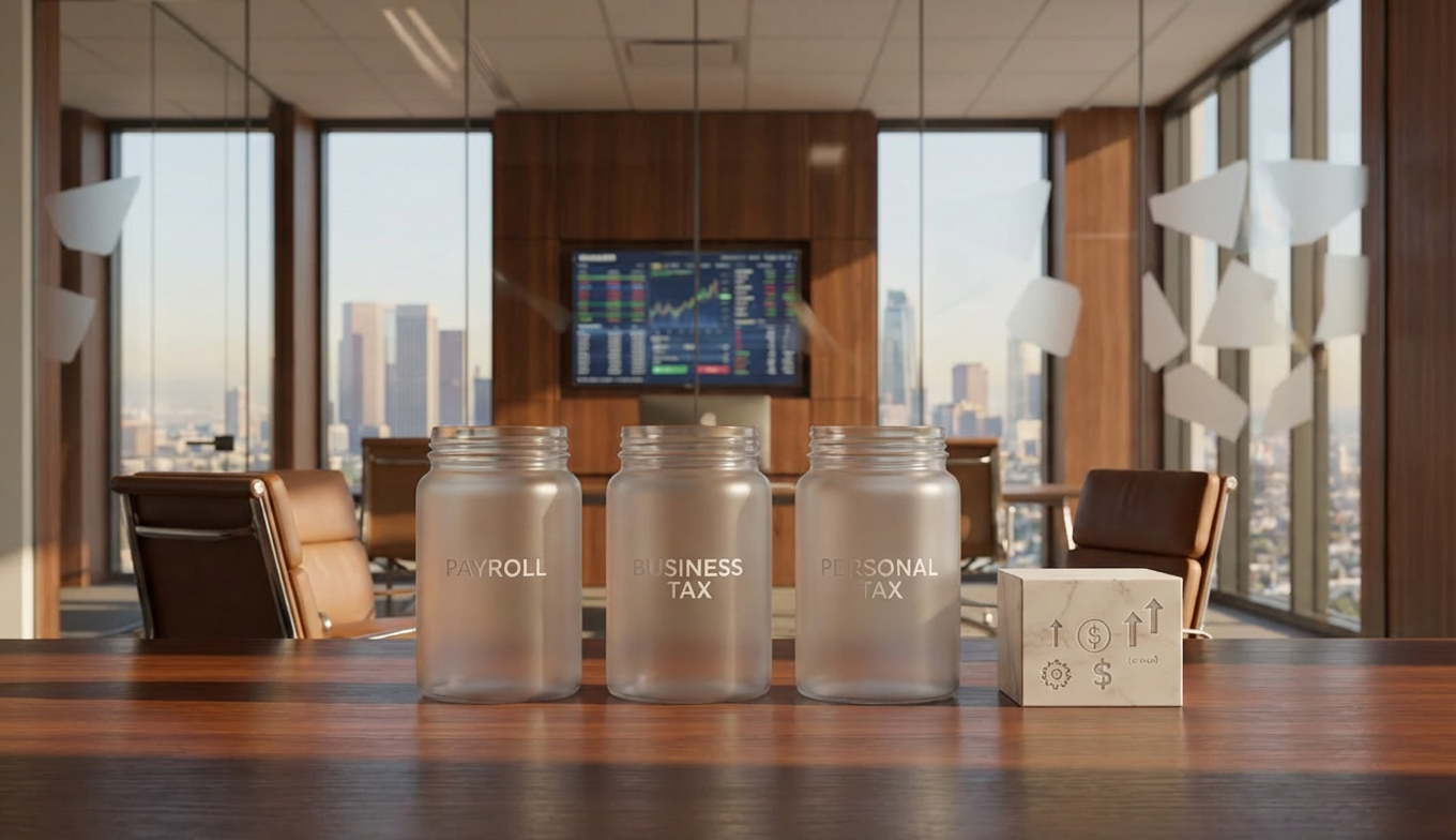 A beautifully balanced arrangement of three minimalist, frosted glass jars each labeled with elegant, discrete tax-related terms like 'Payroll', 'Business Tax', and 'Personal Tax' in subtle silver lettering. They stand on an immaculate, light beige surface beside a precision-cut block of white marble engraved with financial symbols. The setting is a well-lit, open office with clear glass partitions creating reflected patterns behind the scene. Cool natural daylight streams in from the right, generating clean lines and a fresh, transparent feeling. Framed with a centered composition and medium depth of field, the image embodies clarity, flexibility, and bespoke service—ideals central to Beverly Hills Bookkeeping & Accounting.