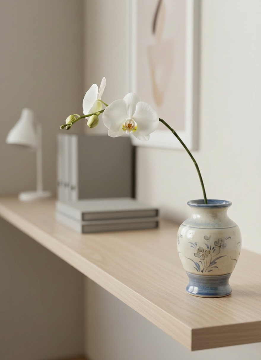a minimal, elegant white orchid in a tasteful modern vase on an office shelf or console, soft neutral background, professional bookkeeping office style